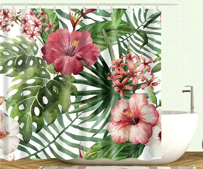 Hibiscus Plumeria Floral Plant Shower Curtain For Tropical Leaf Lovers