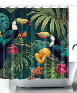 Hibiscus and Palm Leaf Tropical Bird Shower Curtain