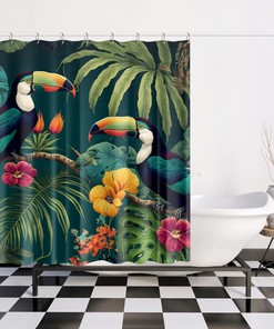 Hibiscus and Palm Leaf Tropical Bird Shower Curtain