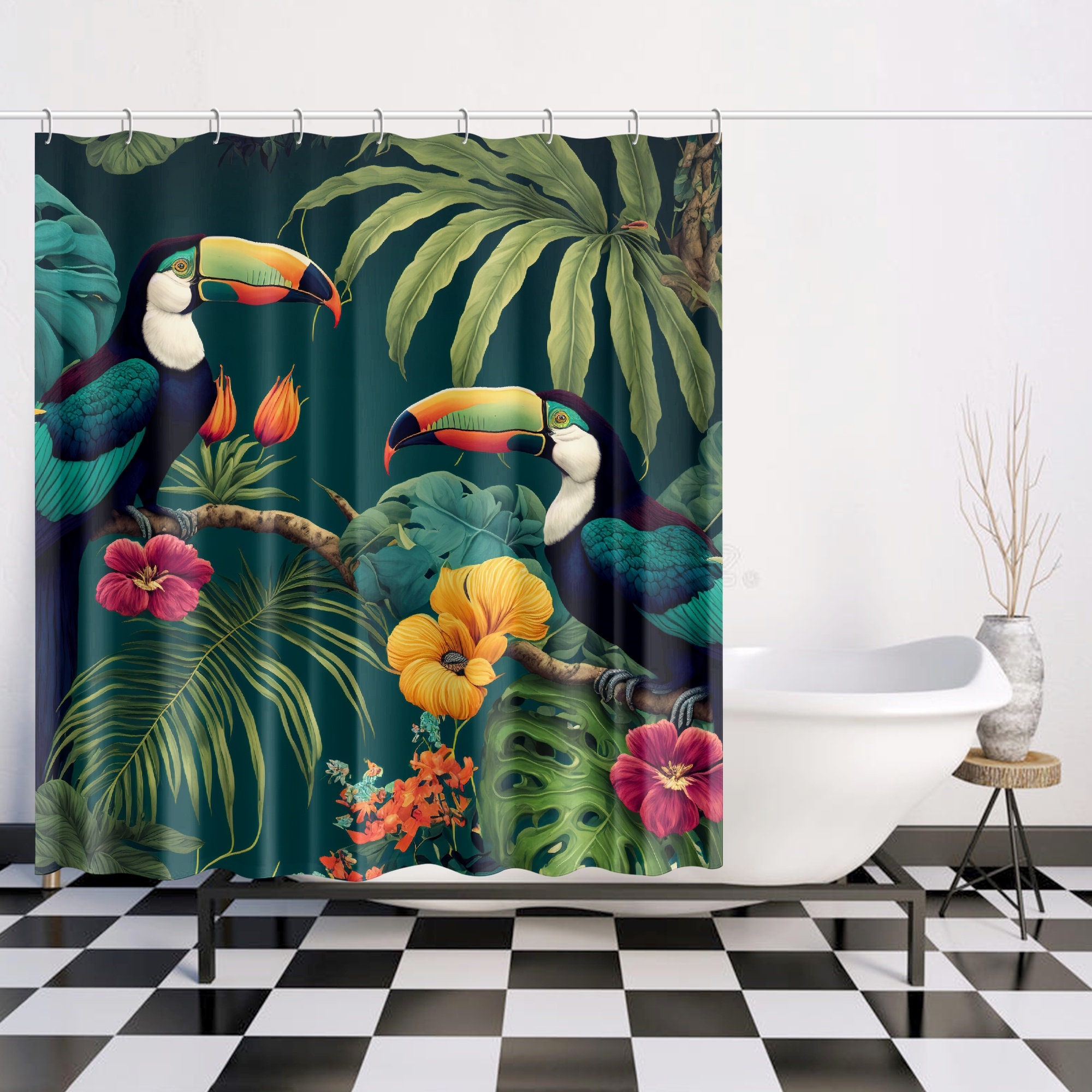 Hibiscus and Palm Leaf Tropical Bird Shower Curtain