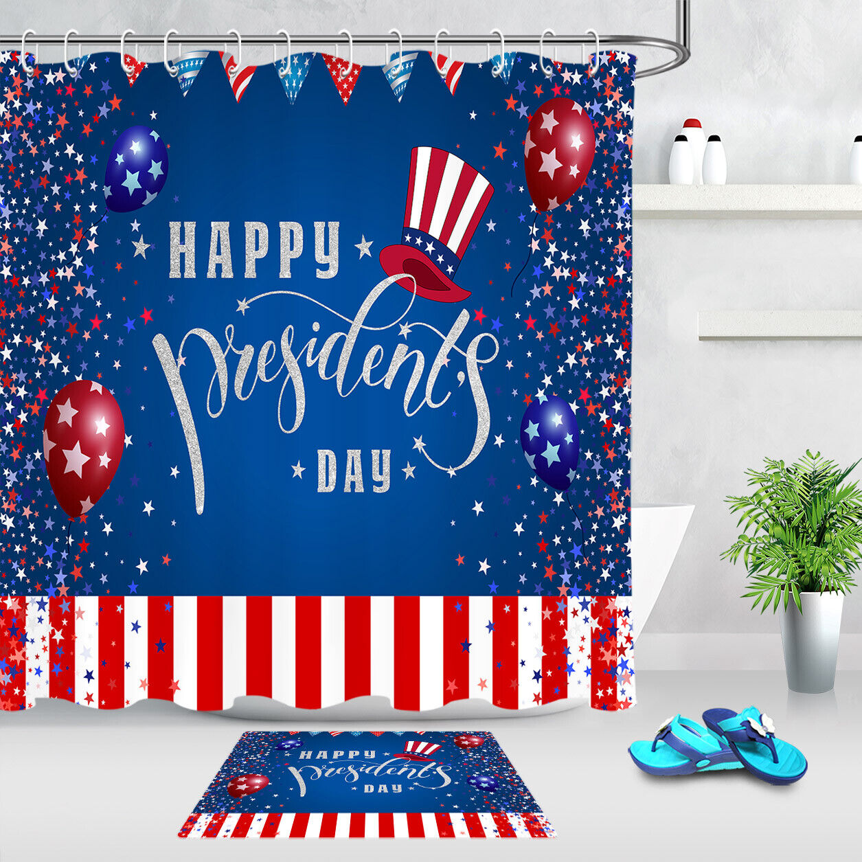 High Hat Stars and Stripes Shower Curtain for Presidents Day Bathroom Decor