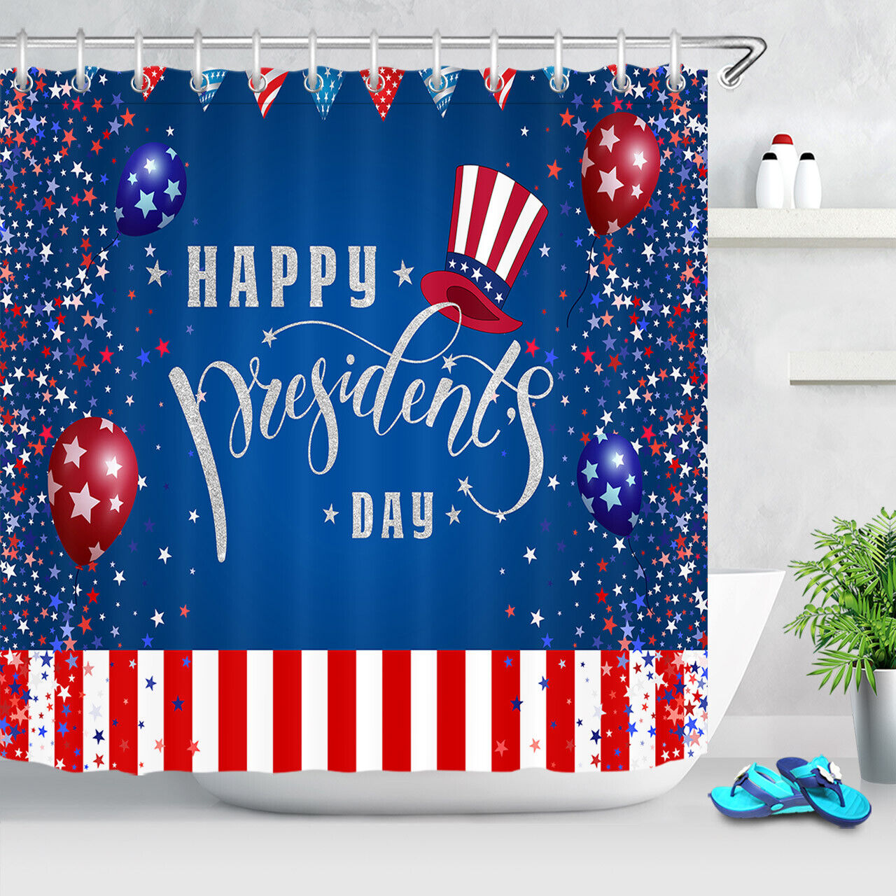 High Hat Stars and Stripes Shower Curtain for Presidents Day Bathroom Decor