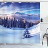 High Mountain Peaks And Snowy Coniferous Pine Trees Surreal Shower Curtain, White Blue Cloth Fabric