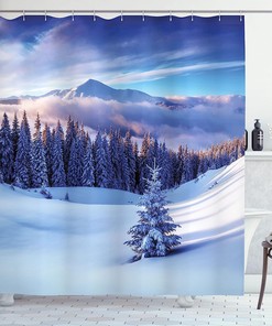 High Mountain Peaks And Snowy Coniferous Pine Trees Surreal Shower Curtain, White Blue Cloth Fabric