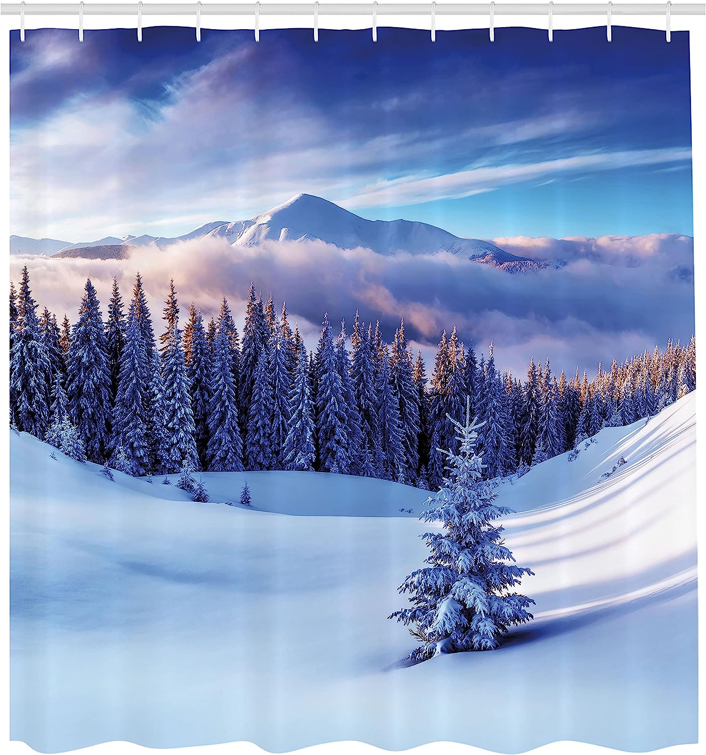 High Mountain Peaks And Snowy Coniferous Pine Trees Surreal Shower Curtain, White Blue Cloth Fabric - Image 2