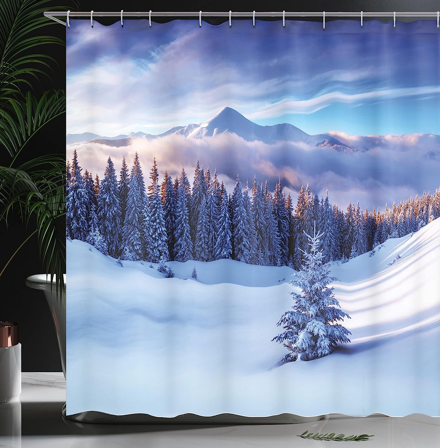 High Mountain Peaks And Snowy Coniferous Pine Trees Surreal Shower Curtain, White Blue Cloth Fabric - Image 3