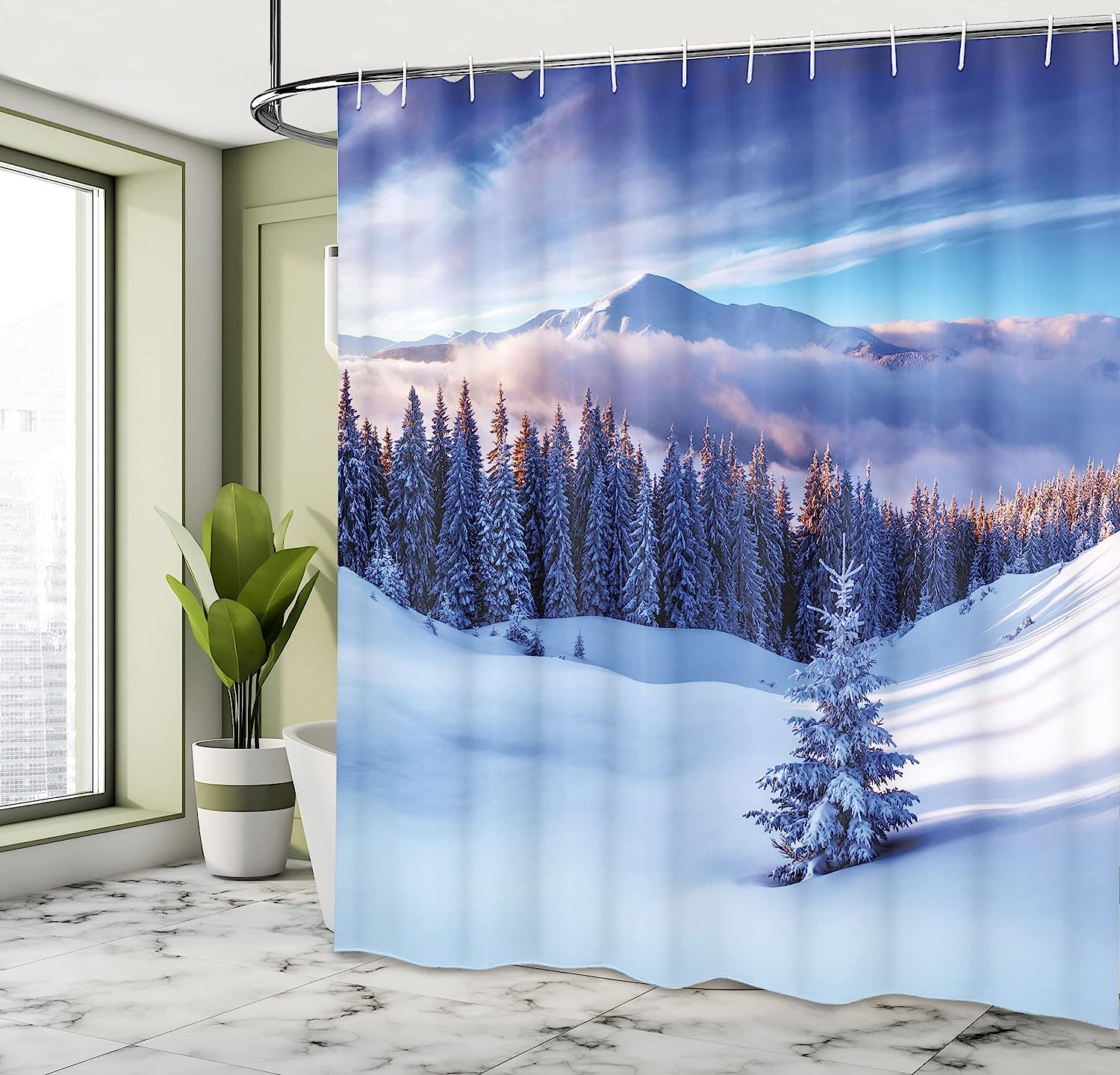 High Mountain Peaks And Snowy Coniferous Pine Trees Surreal Shower Curtain, White Blue Cloth Fabric - Image 4