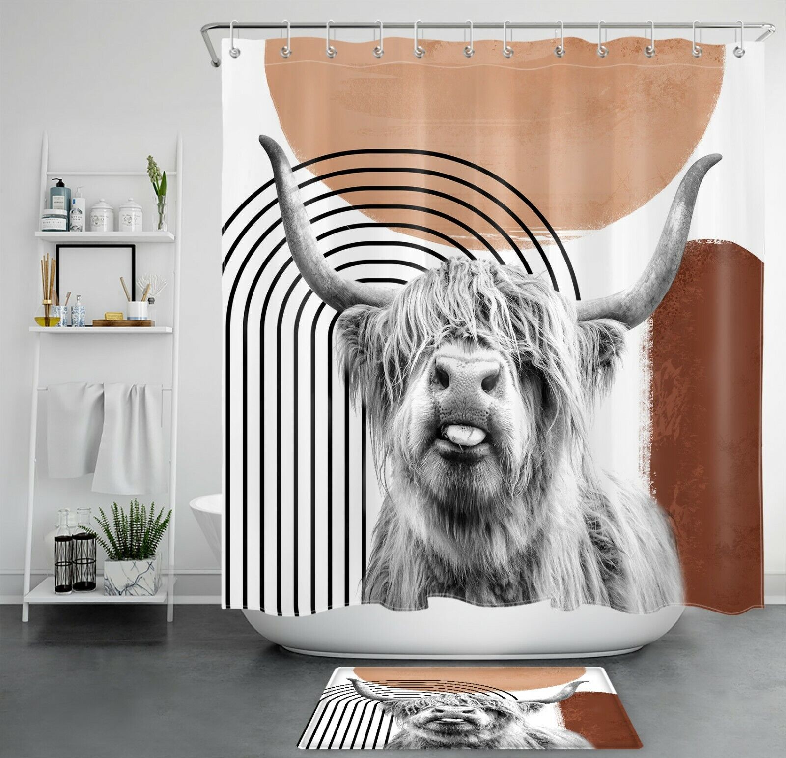 Highland Cow Abstract Art Print Shower Curtain For Bathroom Decor