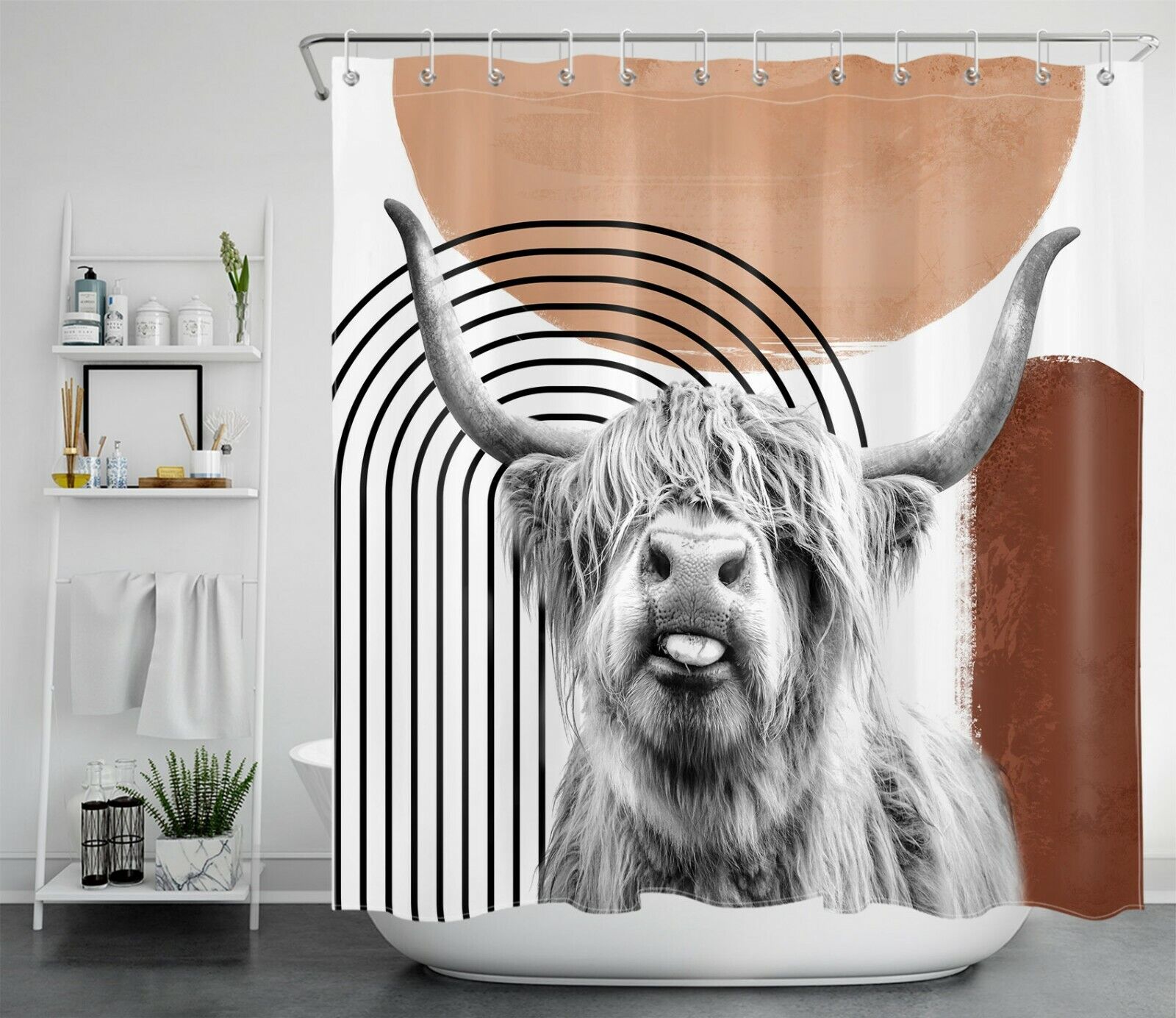 Highland Cow Abstract Art Print Shower Curtain For Bathroom Decor - Image 2
