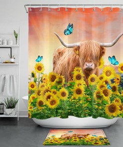 Highland Cow And Sunflower Butterfly Shower Curtain For Bathroom Decor