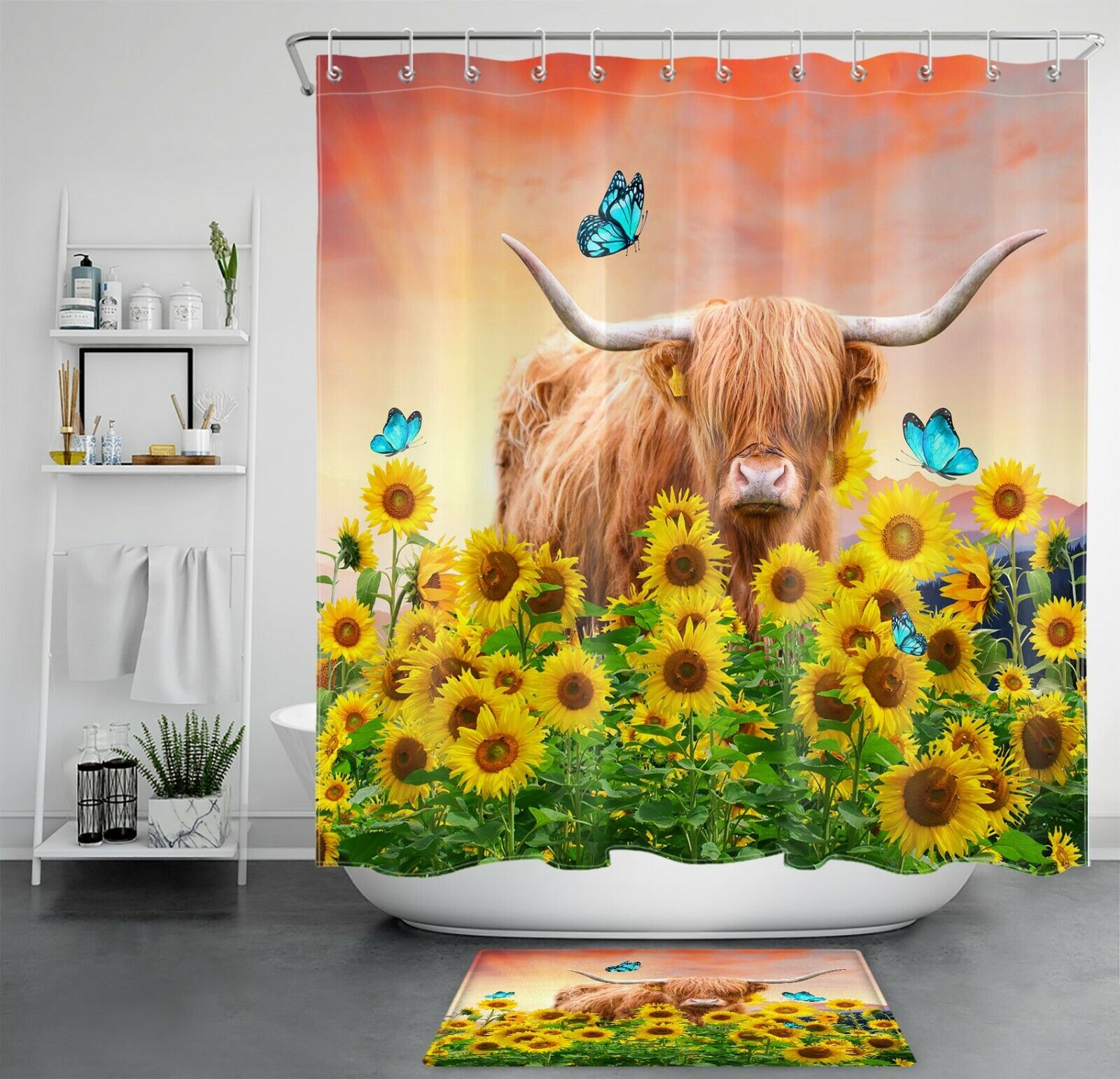 Highland Cow And Sunflower Butterfly Shower Curtain For Bathroom Decor