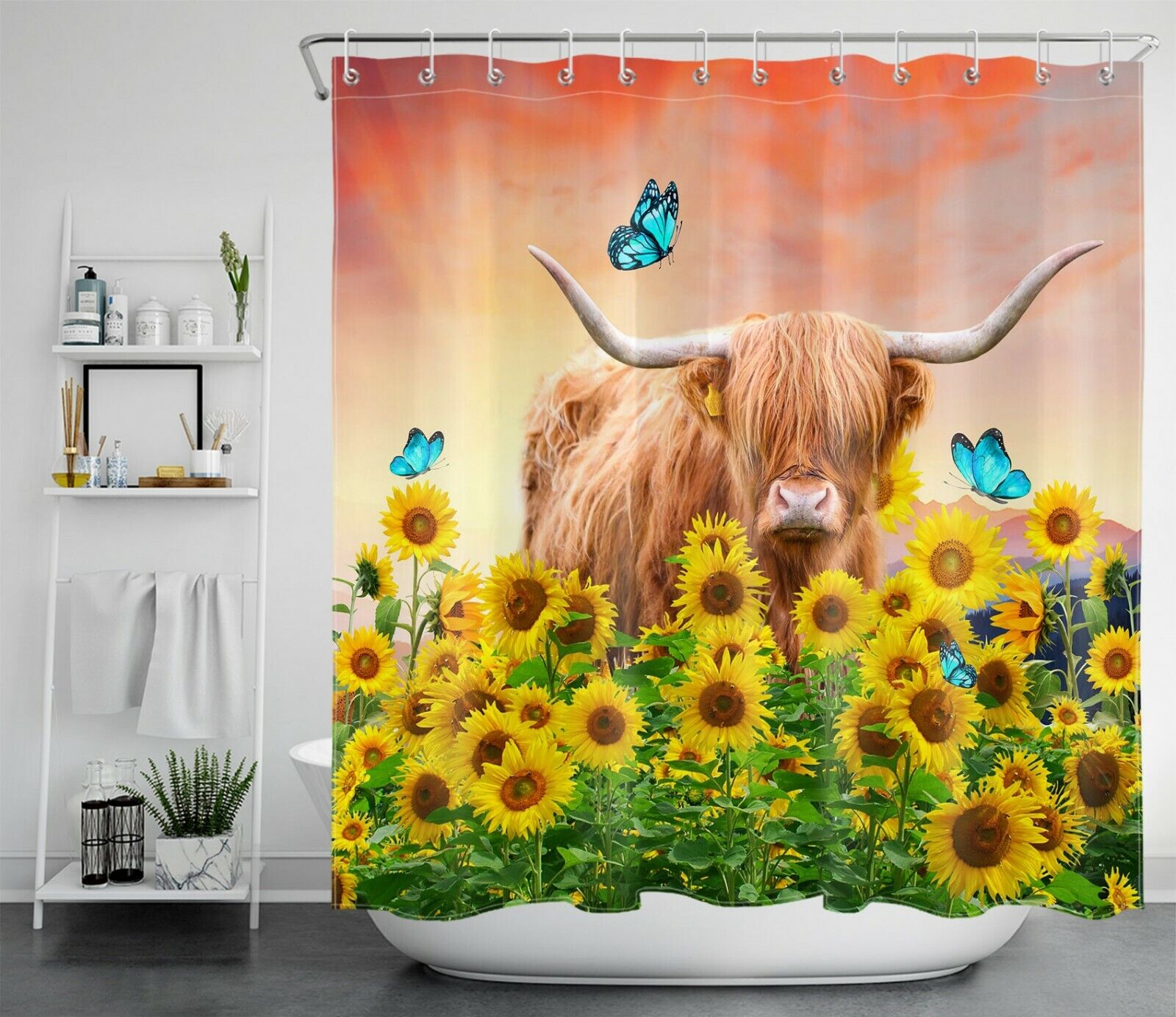 Highland Cow And Sunflower Butterfly Shower Curtain For Bathroom Decor - Image 2