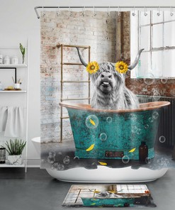 Highland Cow And Sunflower Flower Ancient Bathtub Shower Curtain Bathroom Decor