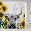 Highland Cow And Sunflower Marble Print Shower Curtain For Rustic Farmhouse Bathroom Decor