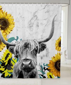 Highland Cow And Sunflower Marble Print Shower Curtain For Rustic Farmhouse Bathroom Decor