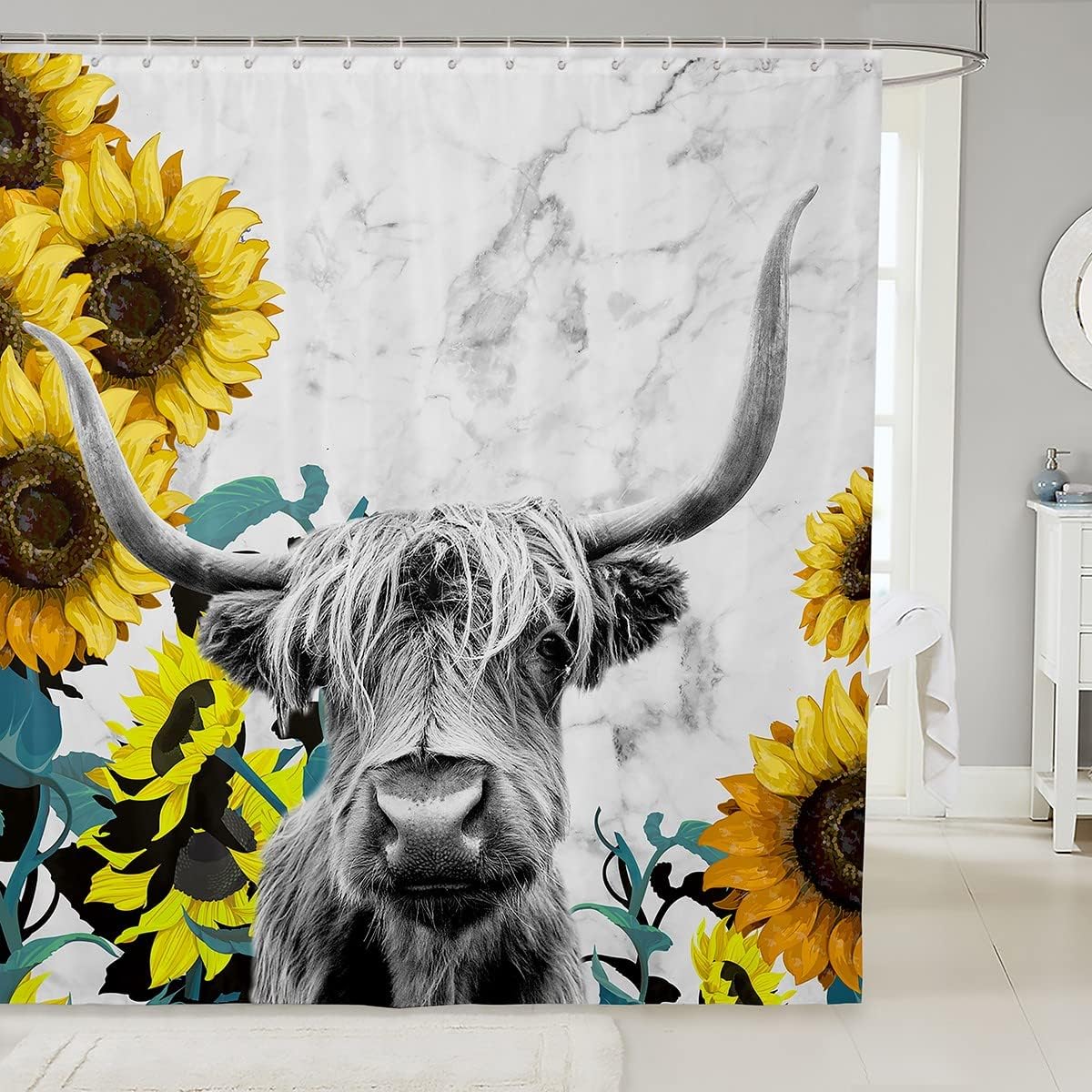 Highland Cow And Sunflower Marble Print Shower Curtain For Rustic Farmhouse Bathroom Decor