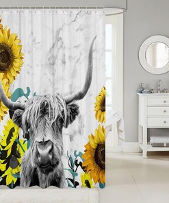 Highland Cow And Sunflower Marble Print Shower Curtain For Rustic Farmhouse Bathroom Decor