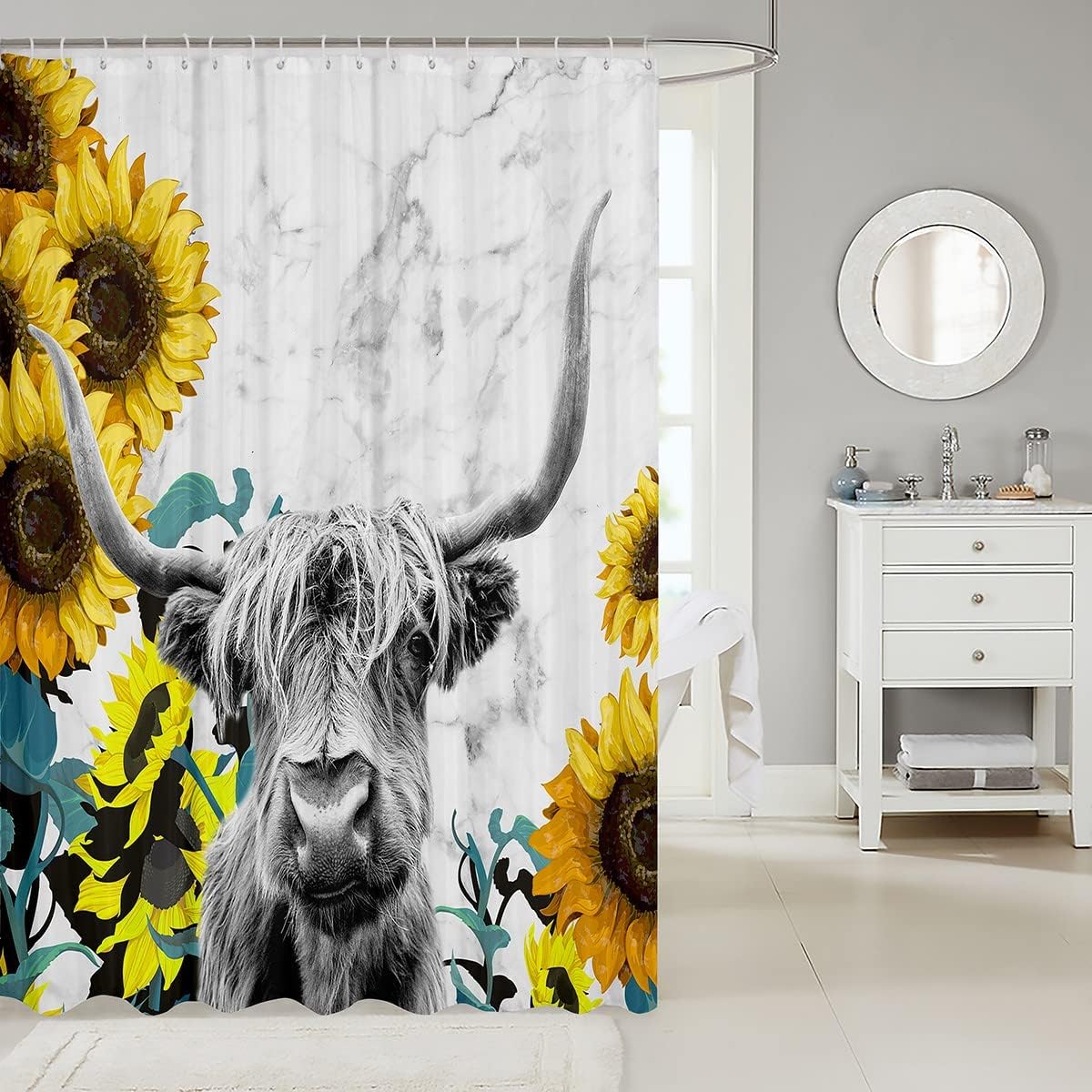 Highland Cow And Sunflower Marble Print Shower Curtain For Rustic Farmhouse Bathroom Decor