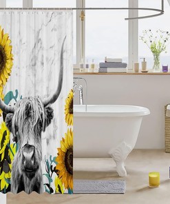 Highland Cow And Sunflower Marble Print Shower Curtain For Rustic Farmhouse Bathroom Decor