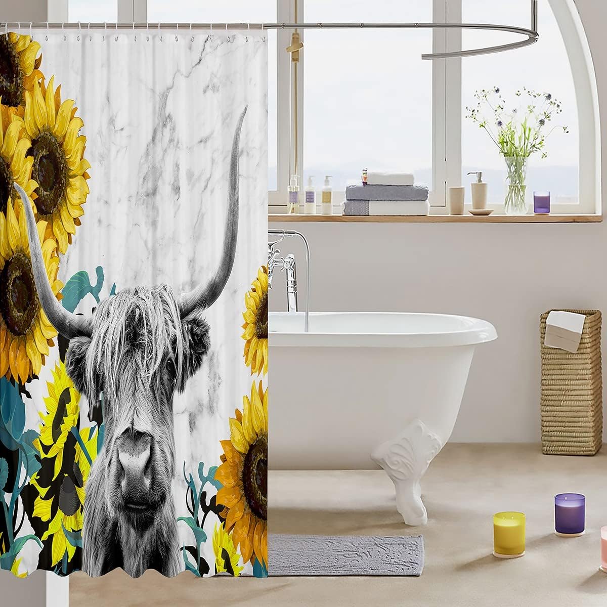 Highland Cow And Sunflower Marble Print Shower Curtain For Rustic Farmhouse Bathroom Decor