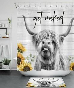 Highland Cow And Sunflower Print Shower Curtain For Farmhouse Bathroom