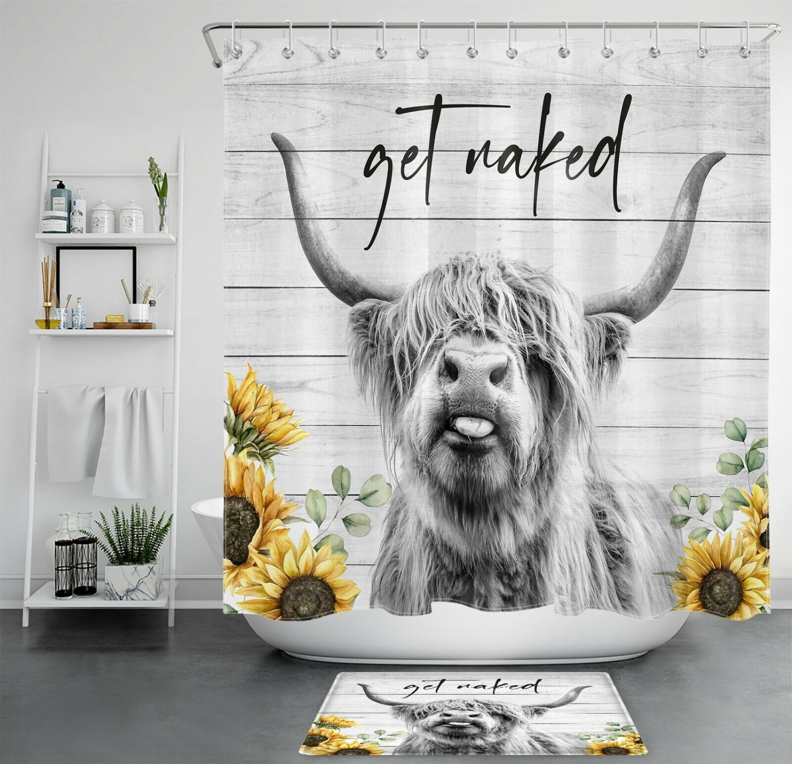 Highland Cow And Sunflower Print Shower Curtain For Farmhouse Bathroom