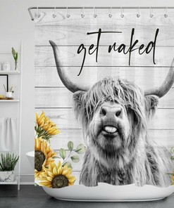 Highland Cow And Sunflower Print Shower Curtain For Farmhouse Bathroom