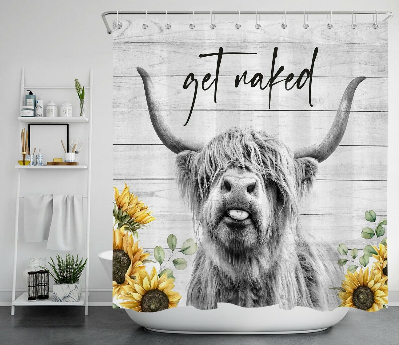 Highland Cow And Sunflower Print Shower Curtain For Farmhouse Bathroom
