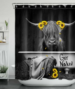 Highland Cow And Sunflowers Print Shower Curtain For Vintage Bathroom