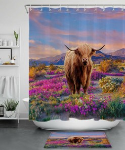 Highland Cow Animal Garden Flower Shower Curtain for a Rustic and Beautiful Bathroom