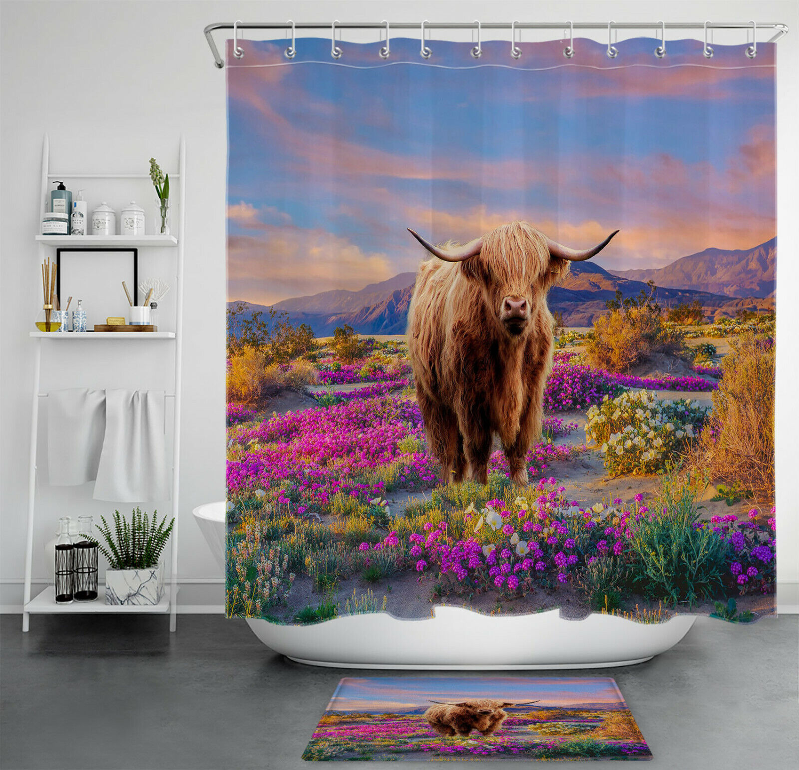 Highland Cow Animal Garden Flower Shower Curtain for a Rustic and Beautiful Bathroom