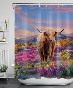 Highland Cow Animal Garden Flower Shower Curtain for a Rustic and Beautiful Bathroom