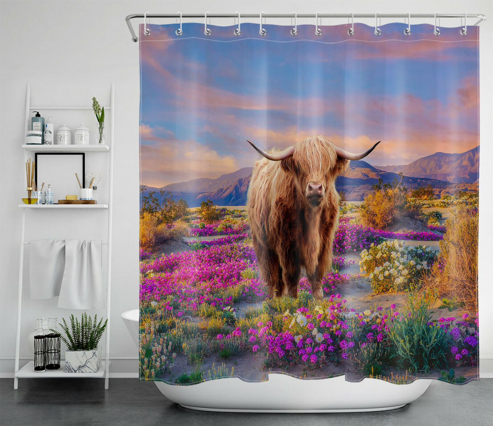 Highland Cow Animal Garden Flower Shower Curtain for a Rustic and Beautiful Bathroom