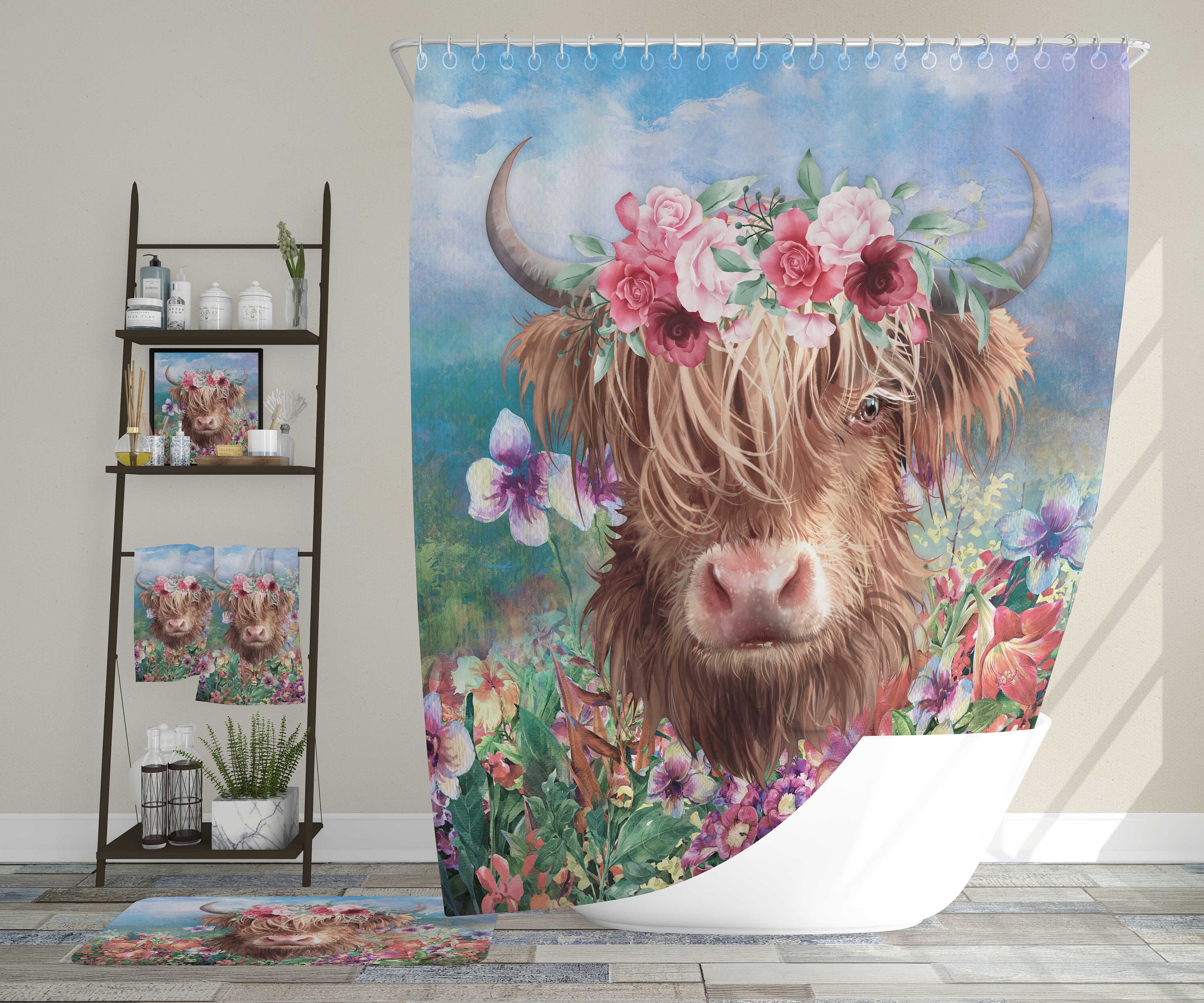 Highland Cow Art Painting Printed Shower Curtain For Home Decoration