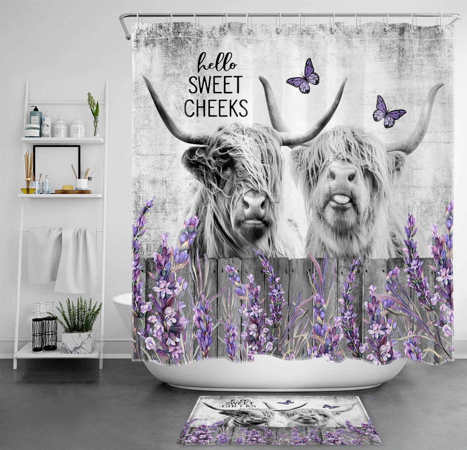 Highland Cow Bathroom Accessories Set - Purple Lavender Grey Shower Curtain