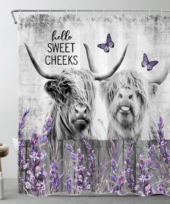 Highland Cow Bathroom Accessories Set - Purple Lavender Grey Shower Curtain