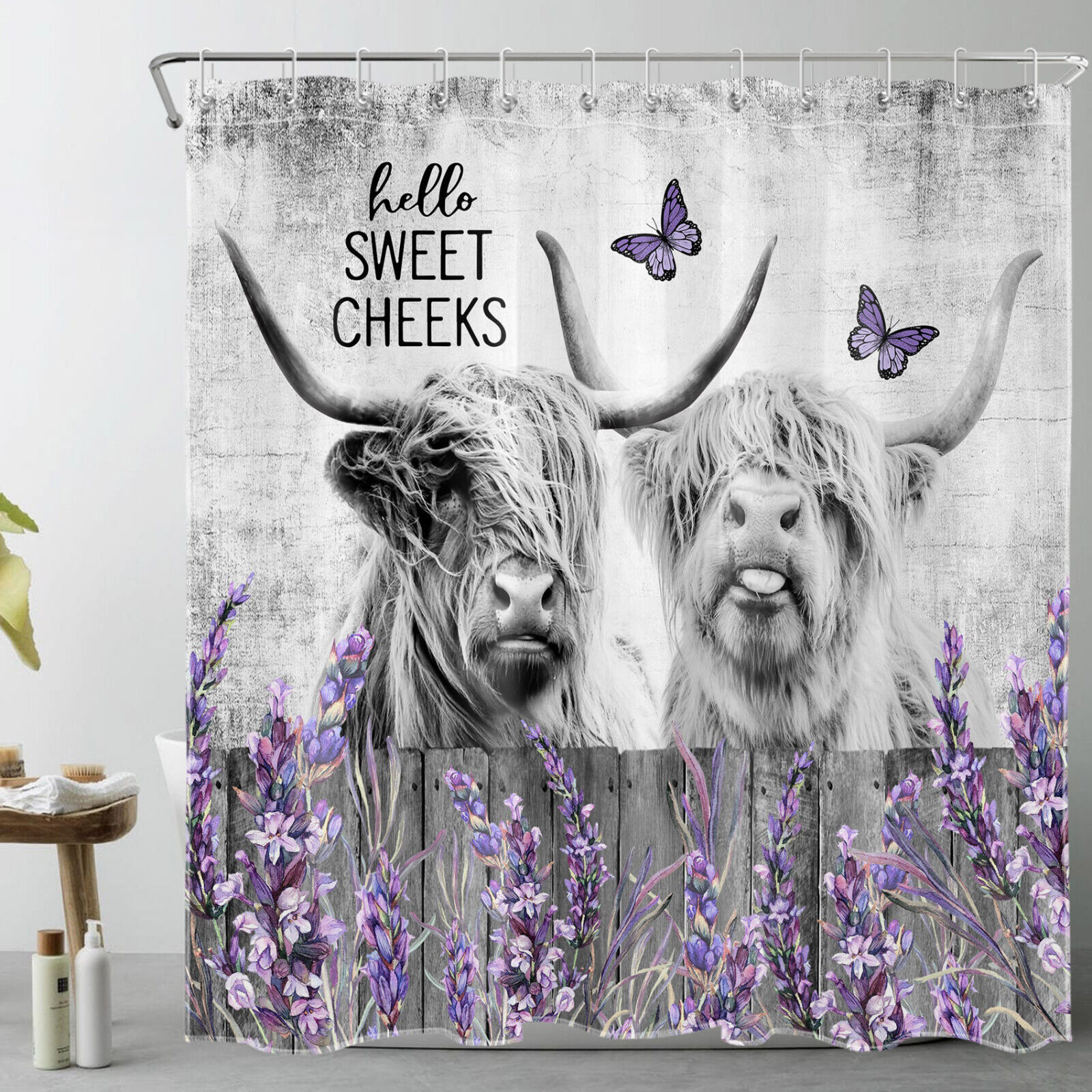 Highland Cow Bathroom Accessories Set - Purple Lavender Grey Shower Curtain