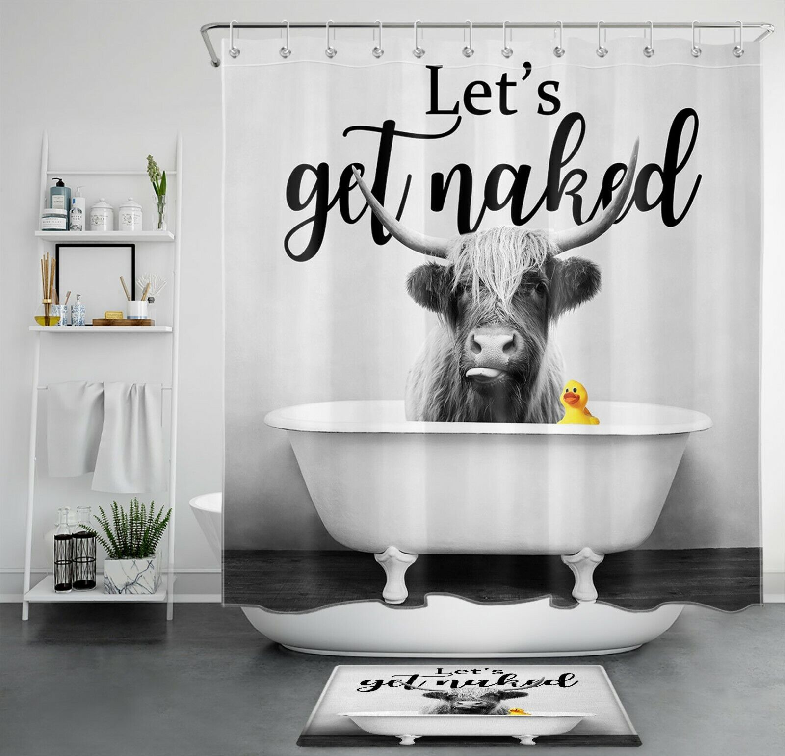 Highland Cow Black and White Funny Words Print Shower Curtain, Bring a Touch of Humor to Your Bathroom