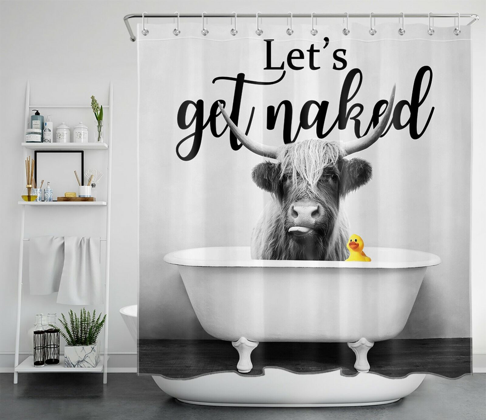 Highland Cow Black and White Funny Words Print Shower Curtain, Bring a Touch of Humor to Your Bathroom