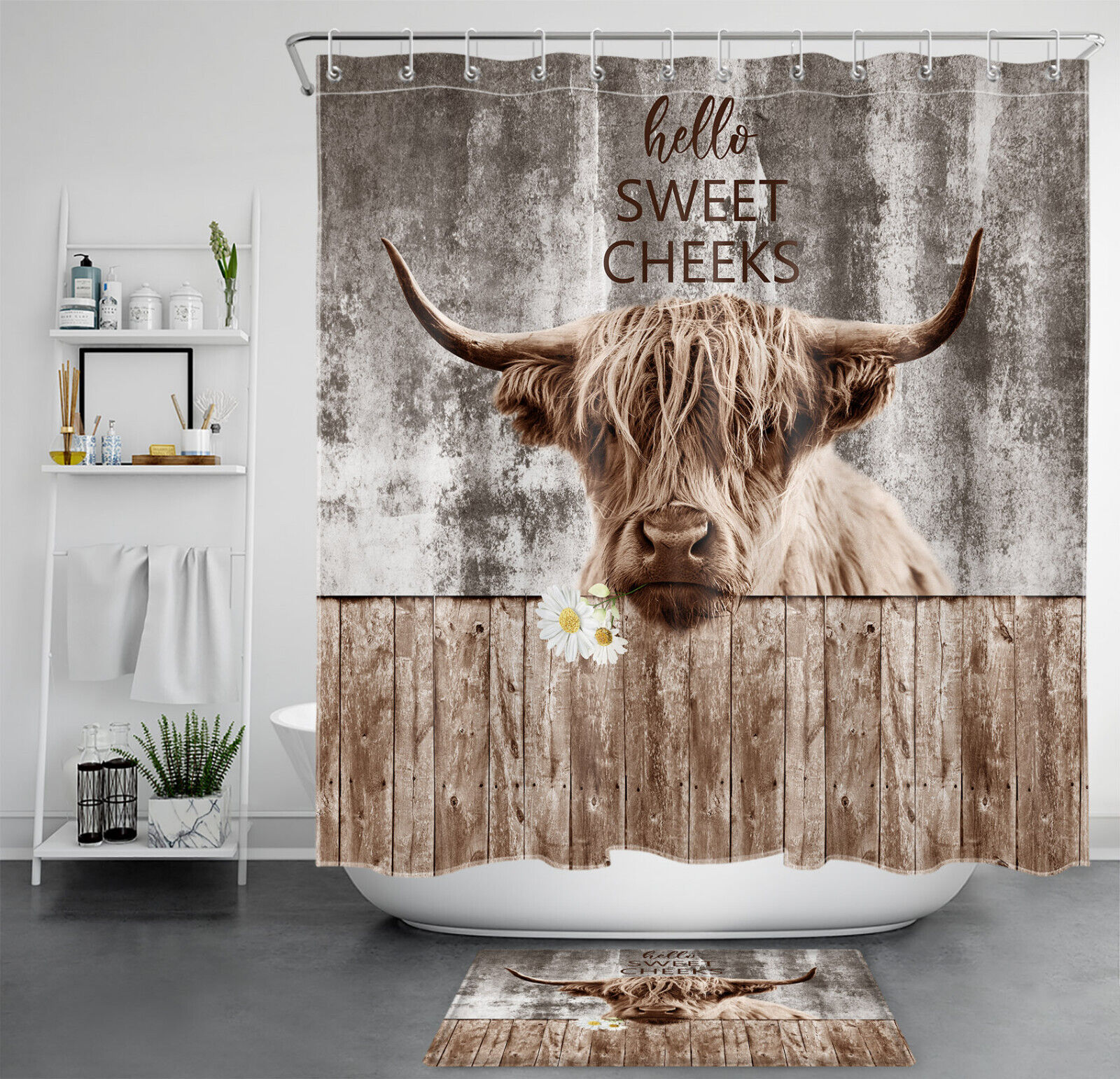 Highland Cow Brown Rustic Vintage Bathroom Shower Curtain Decor