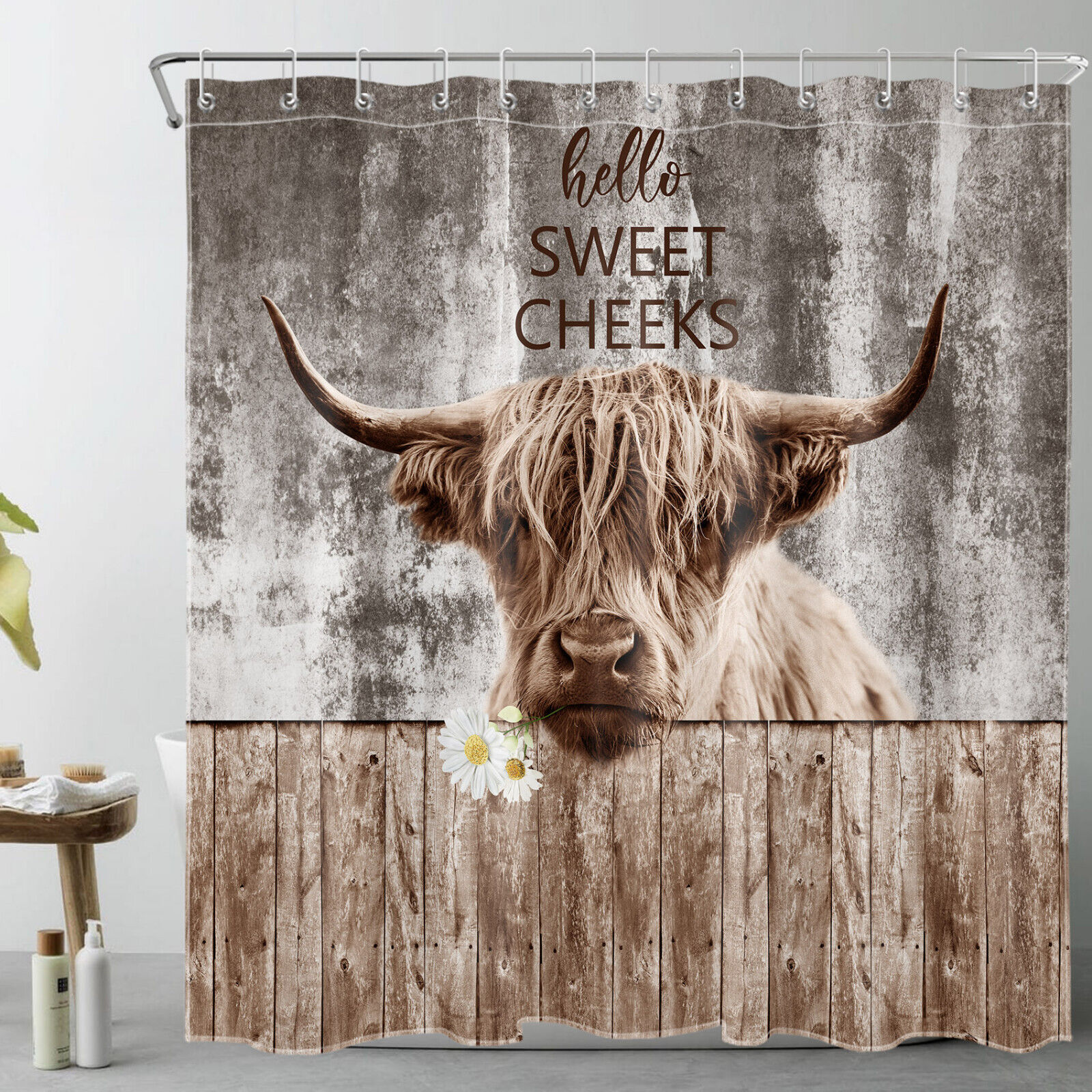 Highland Cow Brown Rustic Vintage Bathroom Shower Curtain Decor - Image 2