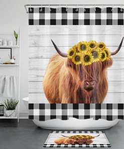 Highland Cow Buffalo Plaid Sunflower Printed Shower Curtain For Bathroom Accessories