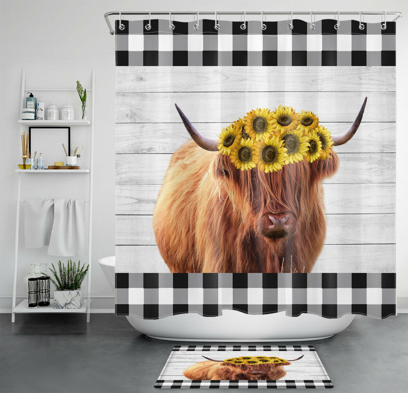 Highland Cow Buffalo Plaid Sunflower Printed Shower Curtain For Bathroom Accessories