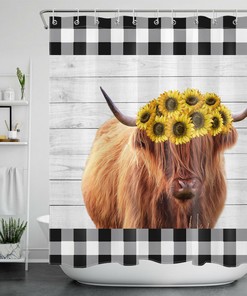 Highland Cow Buffalo Plaid Sunflower Printed Shower Curtain For Bathroom Accessories