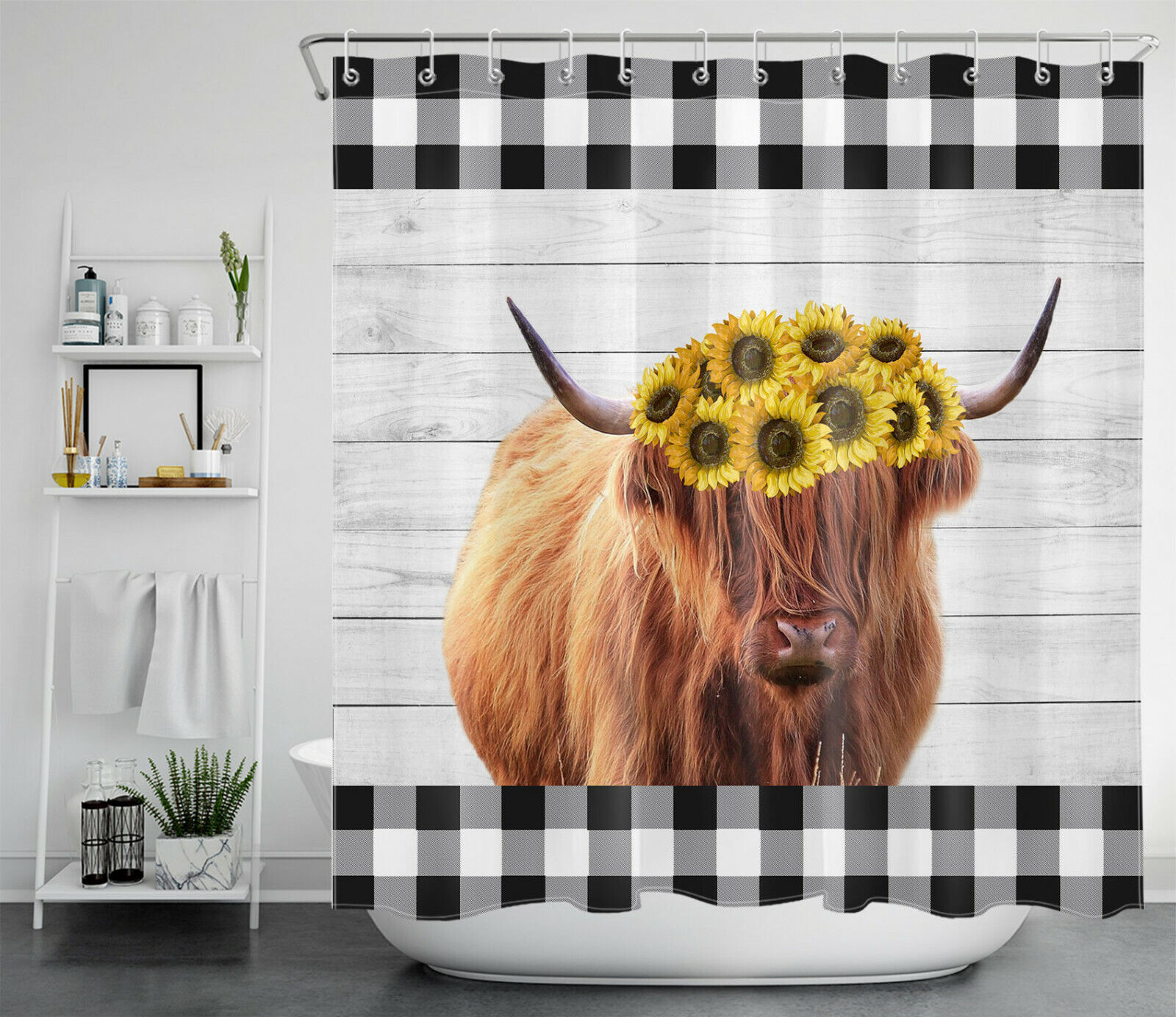 Highland Cow Buffalo Plaid Sunflower Printed Shower Curtain For Bathroom Accessories