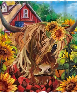 Highland Cow Bull And Sunflowers Fall Farmhouse Shower Curtain By Allenjoy - Durable And Machine Washable