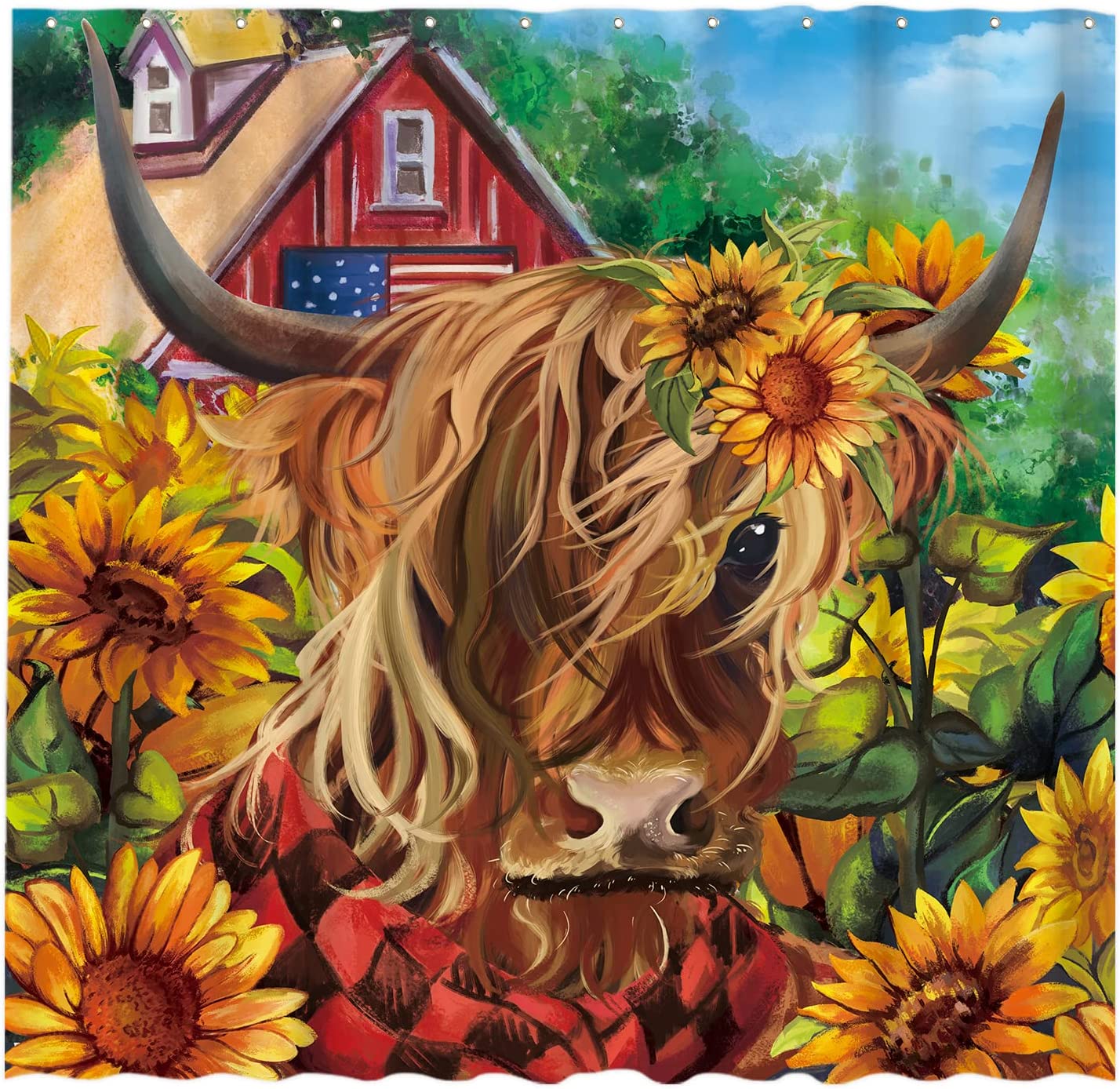 Highland Cow Bull And Sunflowers Fall Farmhouse Shower Curtain By Allenjoy - Durable And Machine Washable