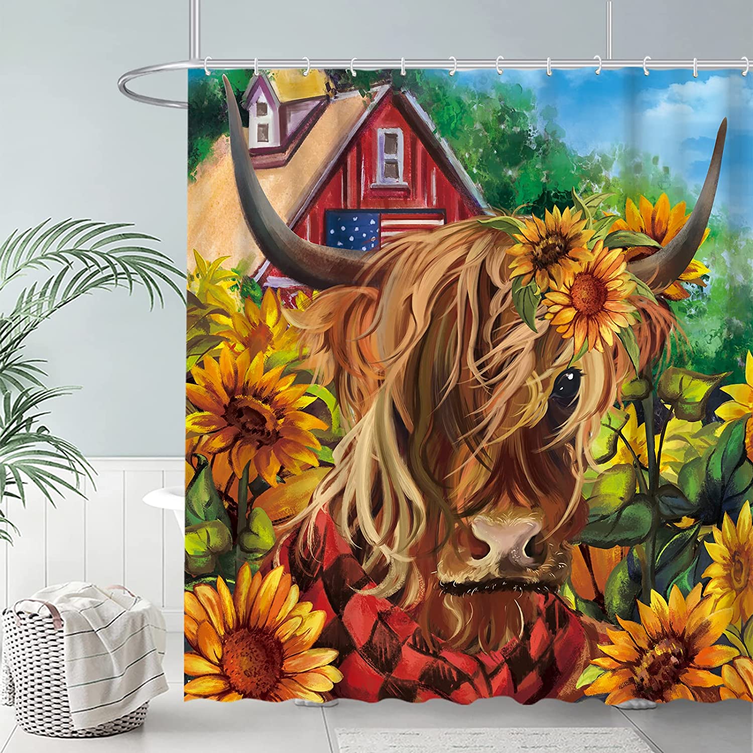 Highland Cow Bull And Sunflowers Fall Farmhouse Shower Curtain By Allenjoy - Durable And Machine Washable - Image 2