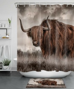 Highland Cow Bull Grassland Wildlife Shower Curtain Rustic Bathroom Decoration With Animal Design 