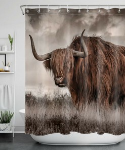 Highland Cow Bull Grassland Wildlife Shower Curtain Rustic Bathroom Decoration With Animal Design